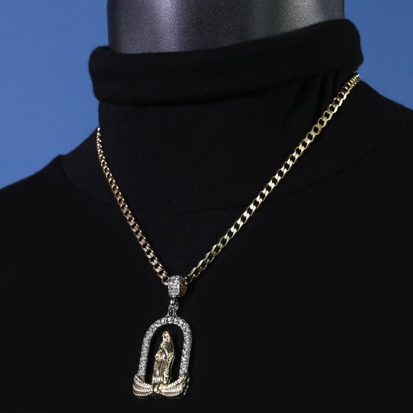 14k Guadalupe Catholic Diamond Cuban Necklace - Picture 1 of 5